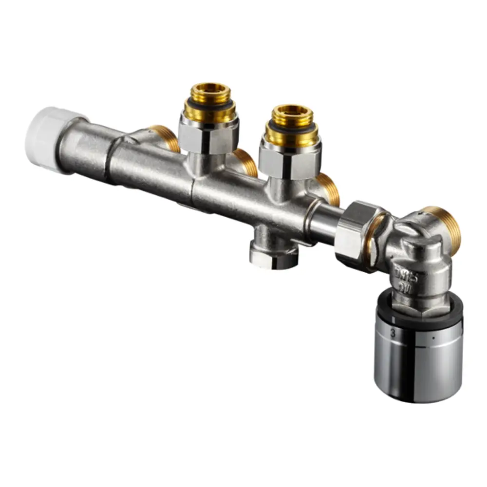 Oventrop Anschlussarmatur mit mehreren Anschlüssen und einer Drehverbindung. Die Oberfläche besteht aus Metall mit goldenen Gewinden und einem schwarzen Element.